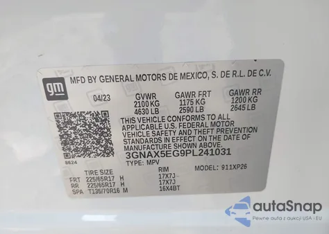 2023 Chevrolet Equinox Awd 1Fl z USA, uszkodzony, nr VIN 3GNAX5EG9PL241031